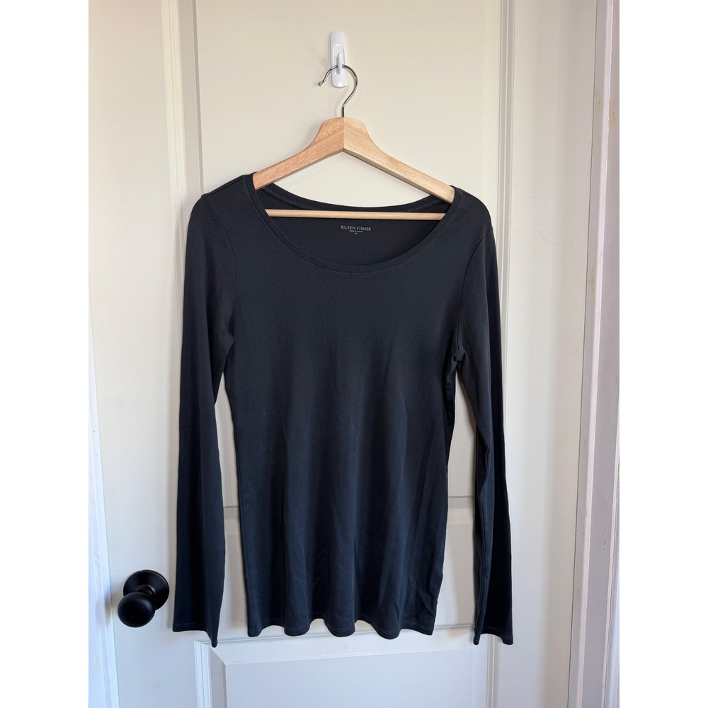Eileen Fisher Womens Medium Black 100% Organic Cotton Scoop Neck Top
